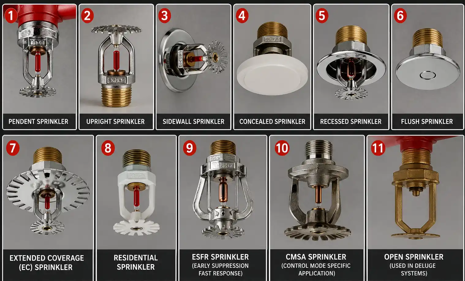 Different types of fire sprinkler heads including pendent, upright and concealed sprinklers