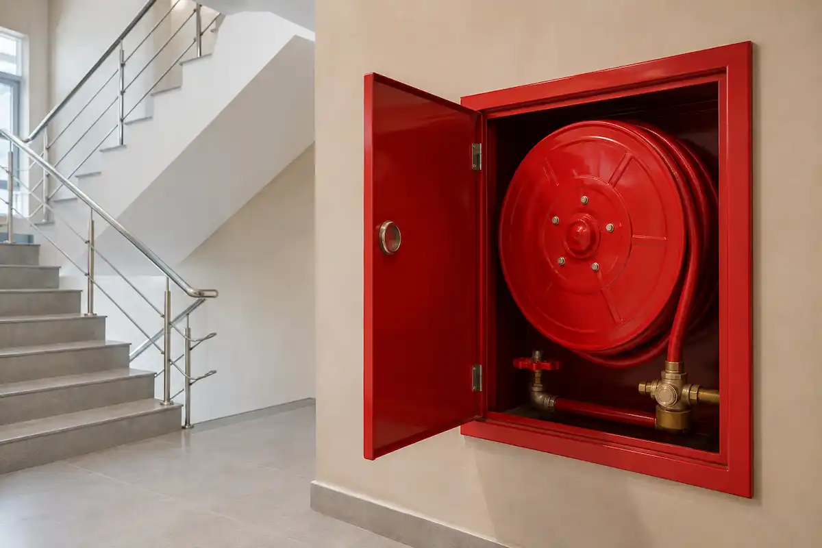 Fire hose reel cabinet mounted in a building corridor near a stairwell