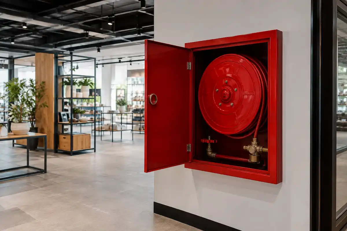 Fire hose reel cabinet mounted near a commercial building entrance