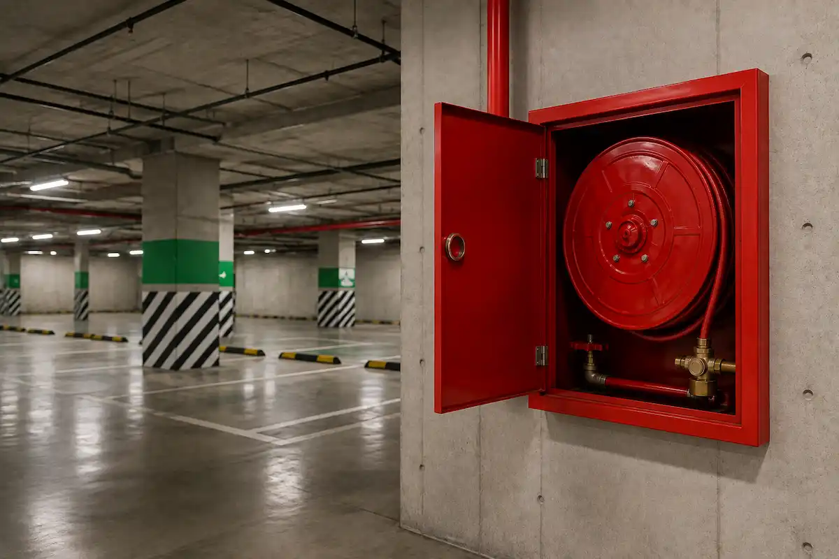 Fire hose reel cabinet installed in an open-plan commercial space