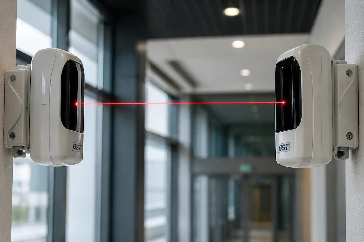 Two white wall-mounted beam detectors with a visible red laser beam between them in a hallway.