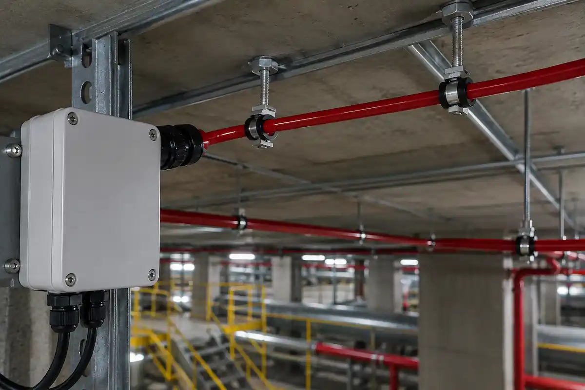 Gray electrical junction box mounted on a metal beam with red pipes suspended from a concrete ceiling.