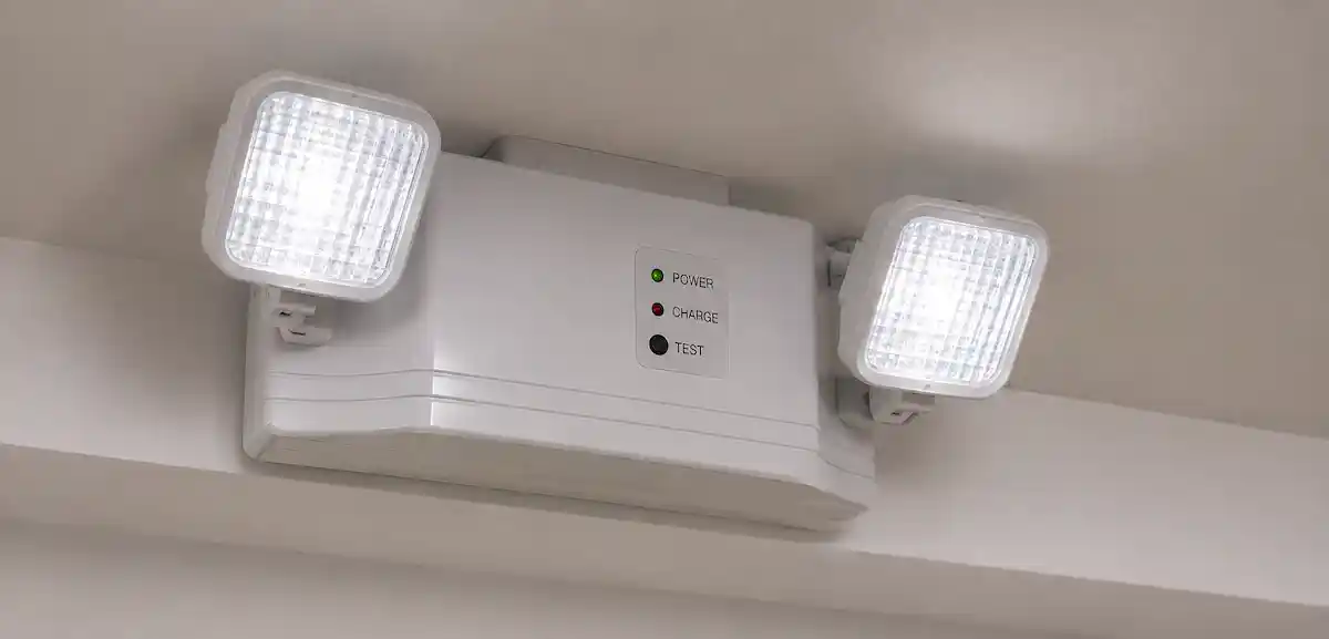 Wall-mounted white emergency light with two square LED lamps and indicator lights for power and charge.