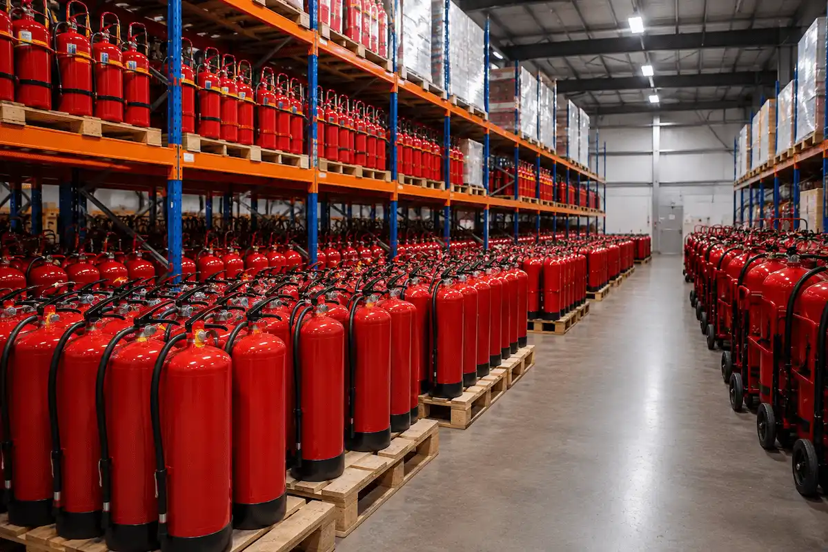 Warehouse aisle filled with rows of red fire extinguishers on wooden pallets and shelves.