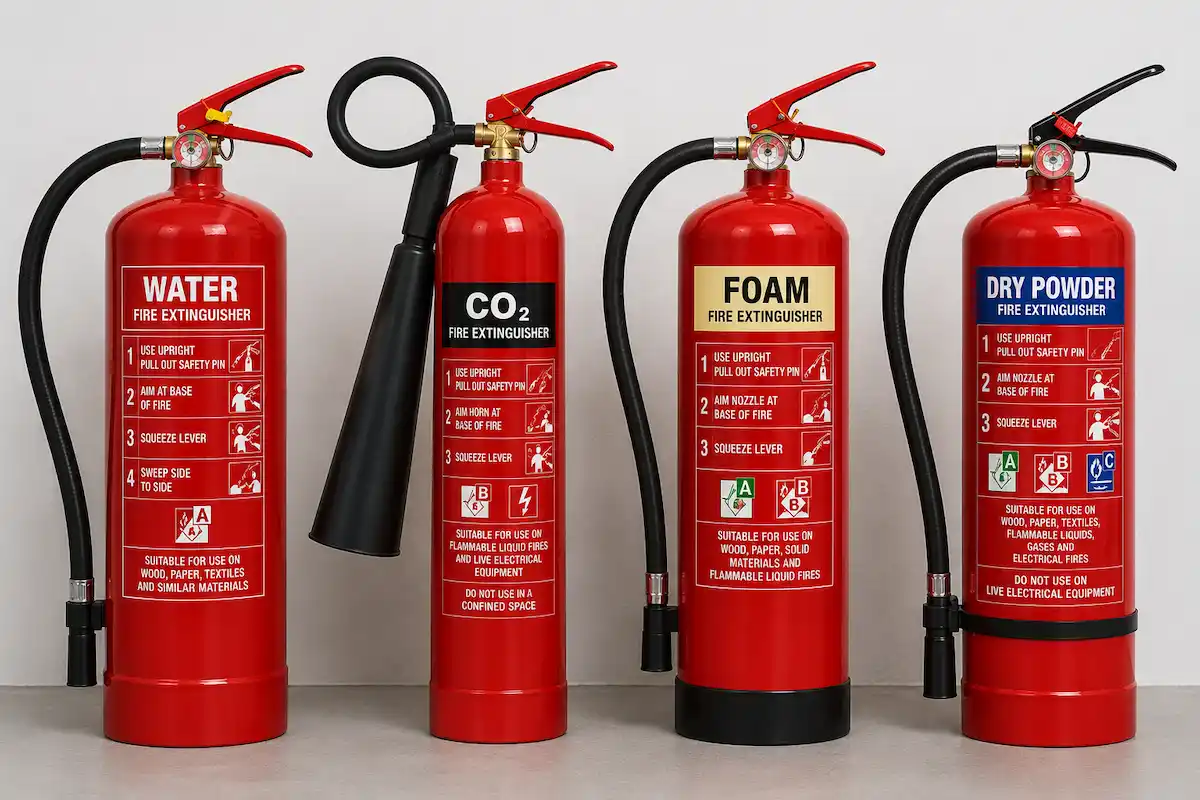 Four red fire extinguishers labeled Water, CO2, Foam, and Dry Powder with instructions and nozzles.