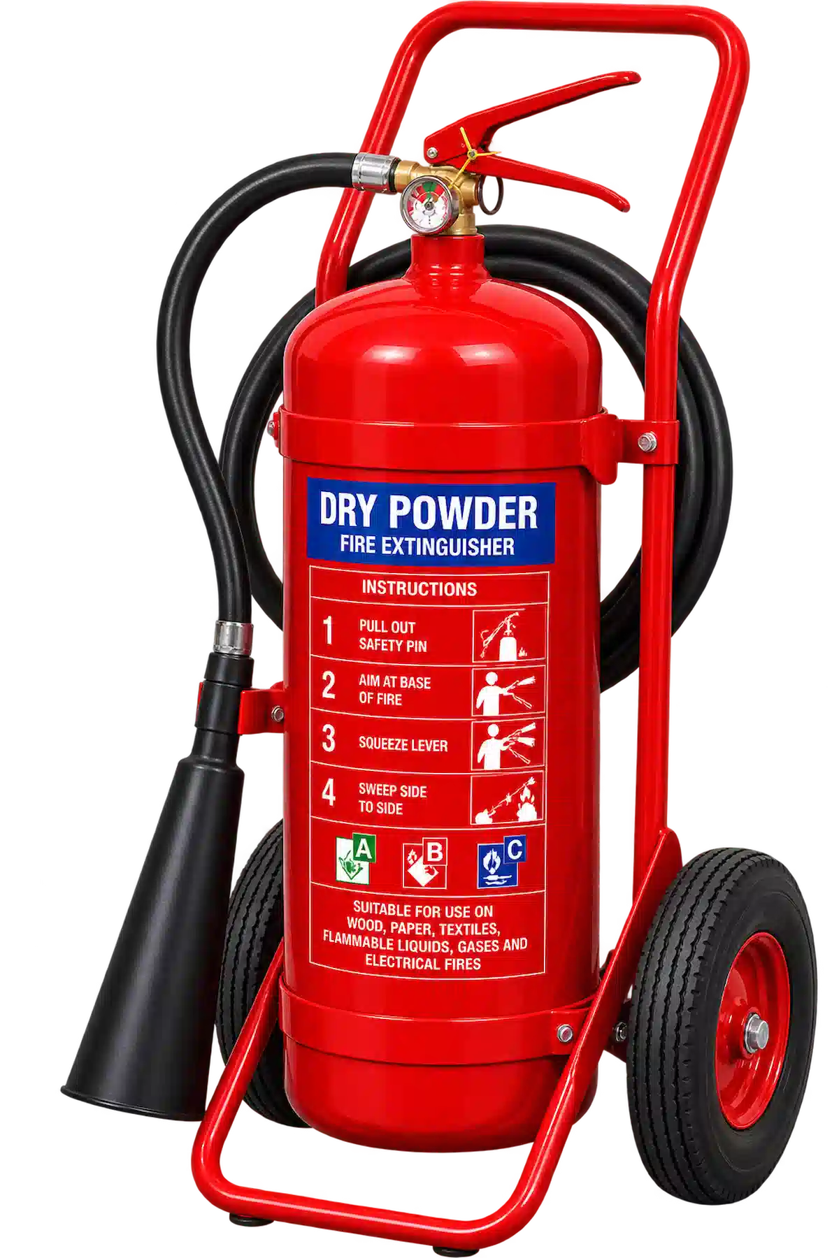 Red dry powder fire extinguisher on wheels with a black hose and usage instructions on front.