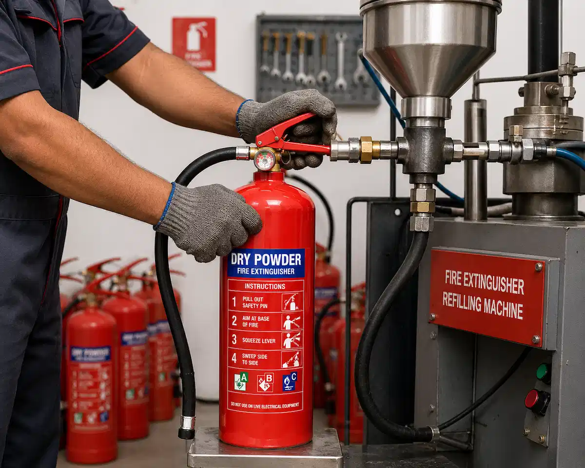 Person refilling a red dry powder fire extinguisher at a fire extinguisher refilling machine.