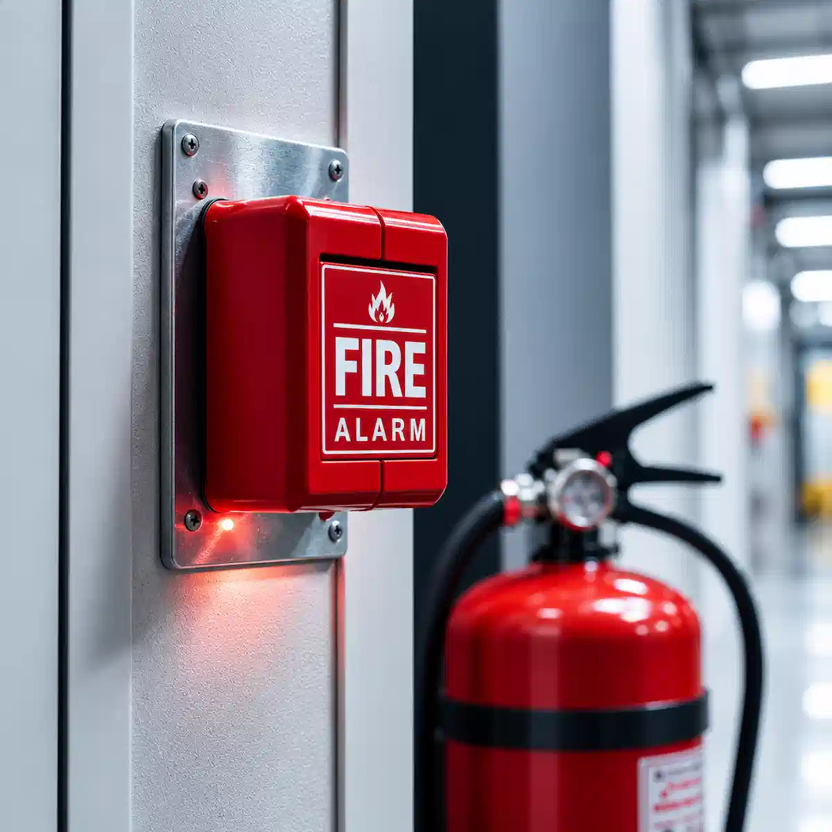 Wall-mounted fire alarm panel with red fire extinguisher in a commercial building corridor
