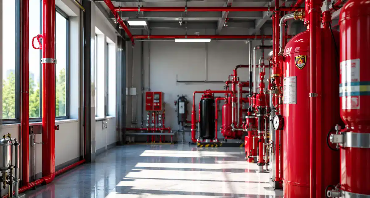Fire suppression system room with red gas cylinders and overhead pipework installed in a commercial building