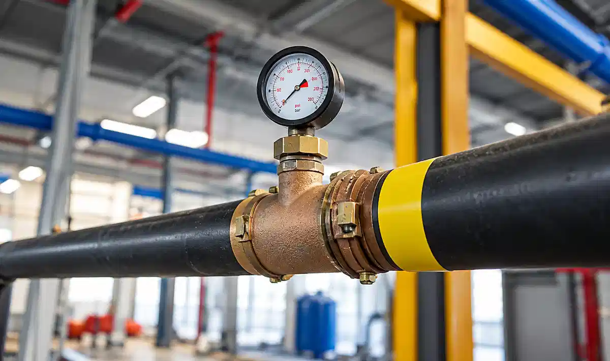 Pressure gauge mounted on a black gas pipeline with yellow safety banding inside an industrial facility
