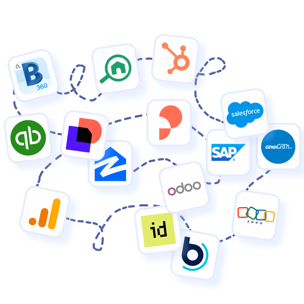 Example of tools for Real Estate business that are not connected and not automated:  SAP, QuickBooks, Odoo, Hubspot, Salesforce, Zoho and other