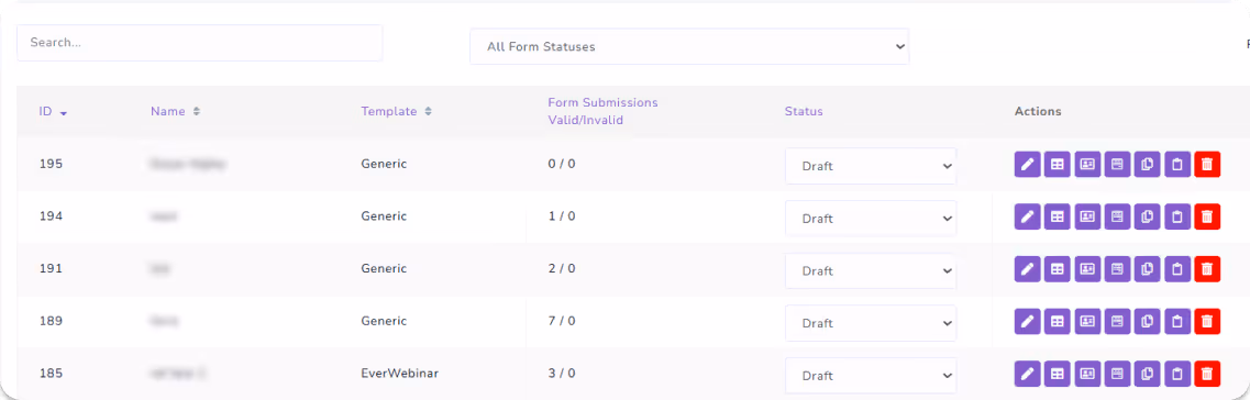 View 3. Dashboard showing all created forms and implemented features of editing forms