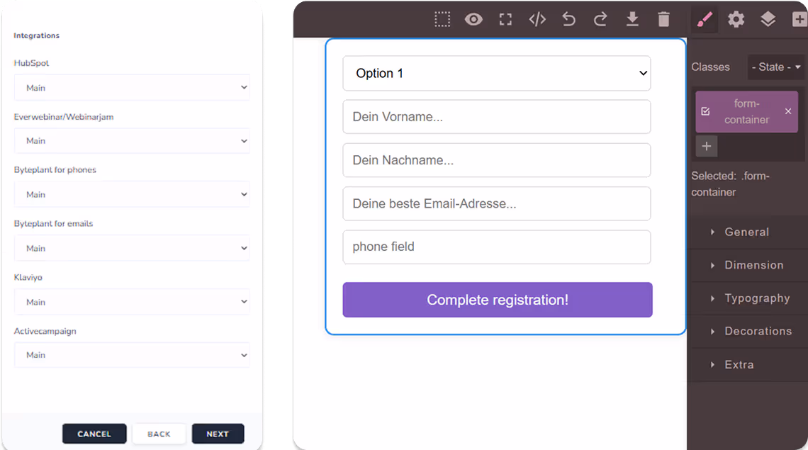 View 4-5. Form creation dialog & A canvas for editing form elements + settings panels