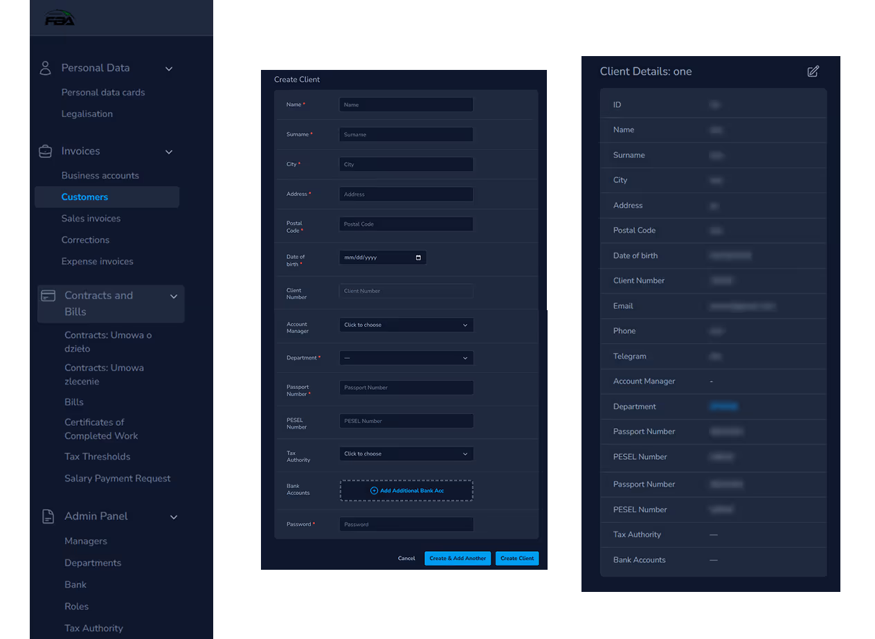 View 3-5. CRM menu panel & New Entity Creation & Client Payment Request Preview