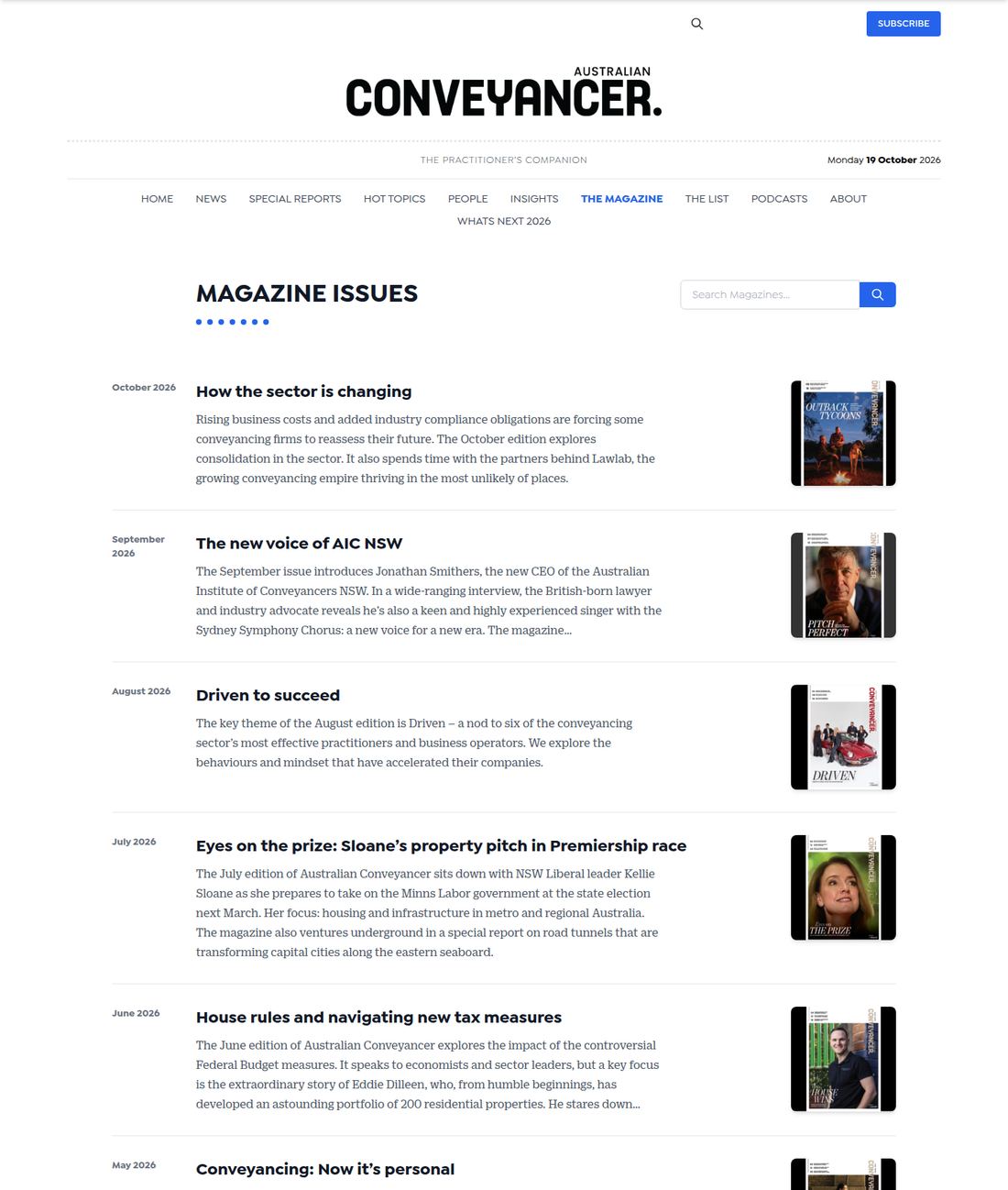 The previous magazine page, with each issue linking out to Issuu.