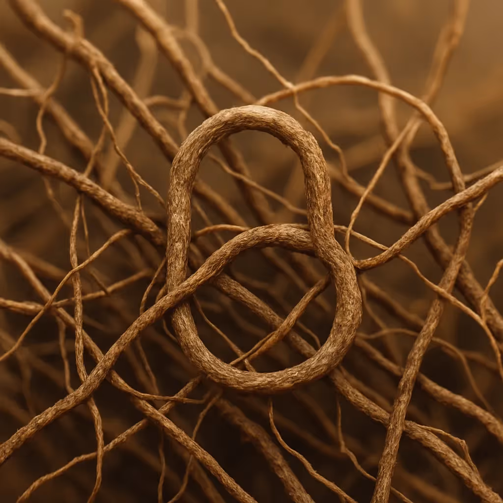 Close-up of plant roots intertwined in a subtle circular lock shape on an earthy blurred background.