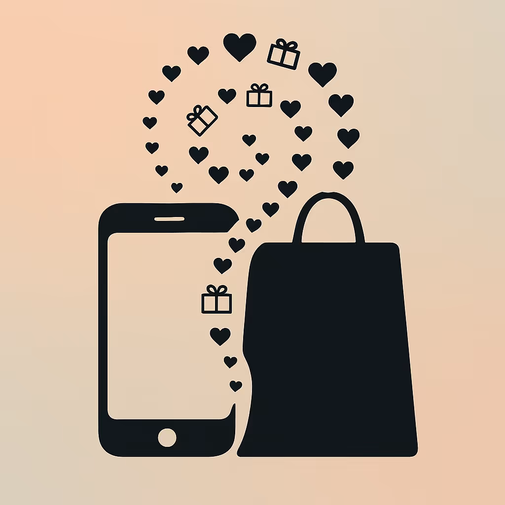 A simple graphic of a generic smartphone silhouette blending into a paper shopping bag, with small heart shapes and parcel outlines spiraling between them on a soft gradient background.