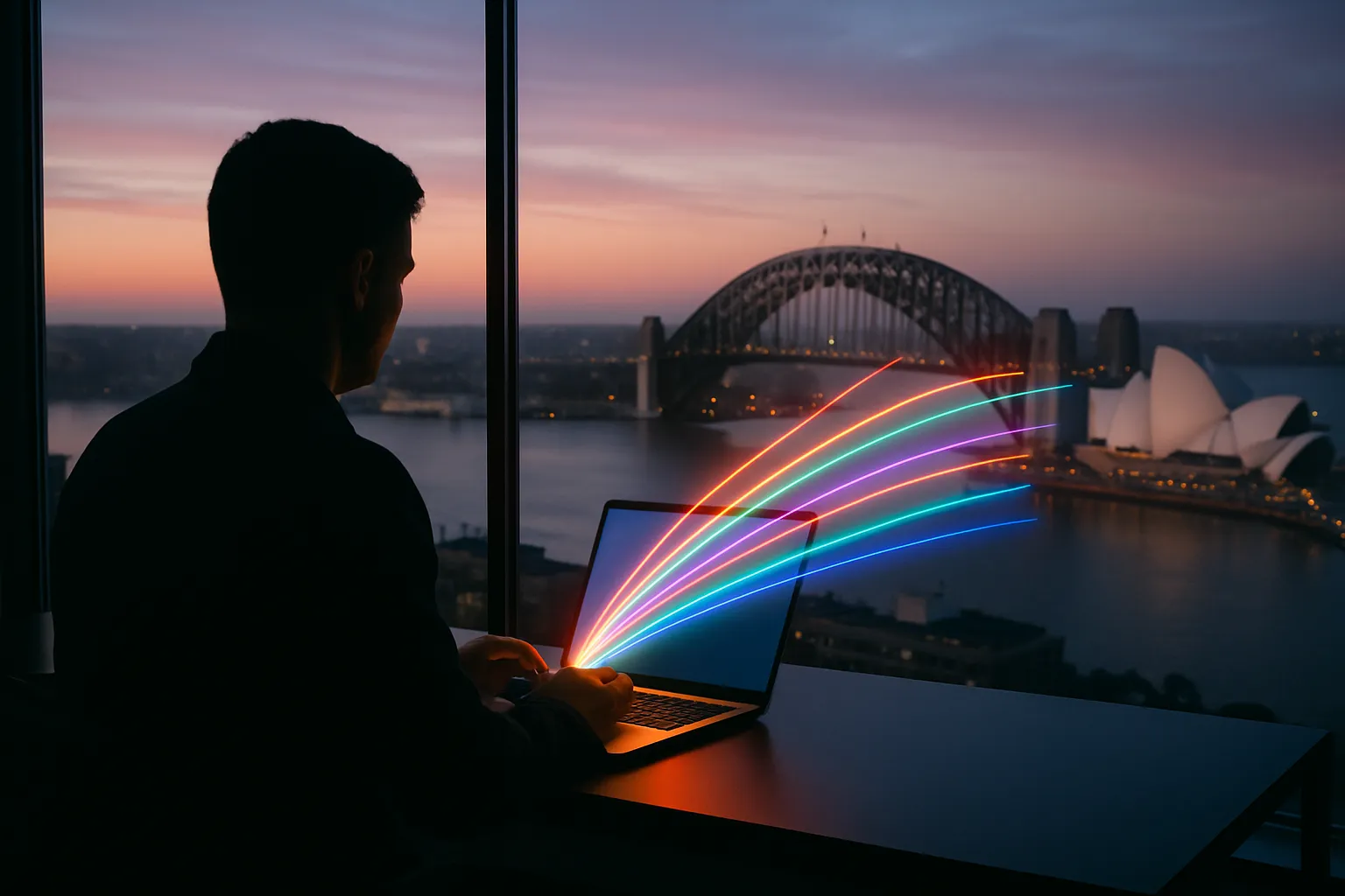 Silhouette of a person at a desk with a laptop in front of a dawn view of Sydney Harbour Bridge and Opera House, vibrant light beams projecting from the screen across the skyline.
