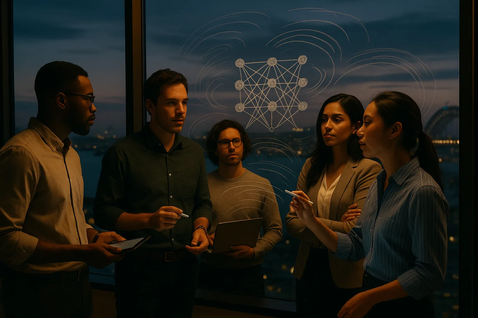 Five professionals in a dusk-lit Sydney high-rise office sketch neural network diagrams on a transparent glass wall with the city skyline visible through the windows.