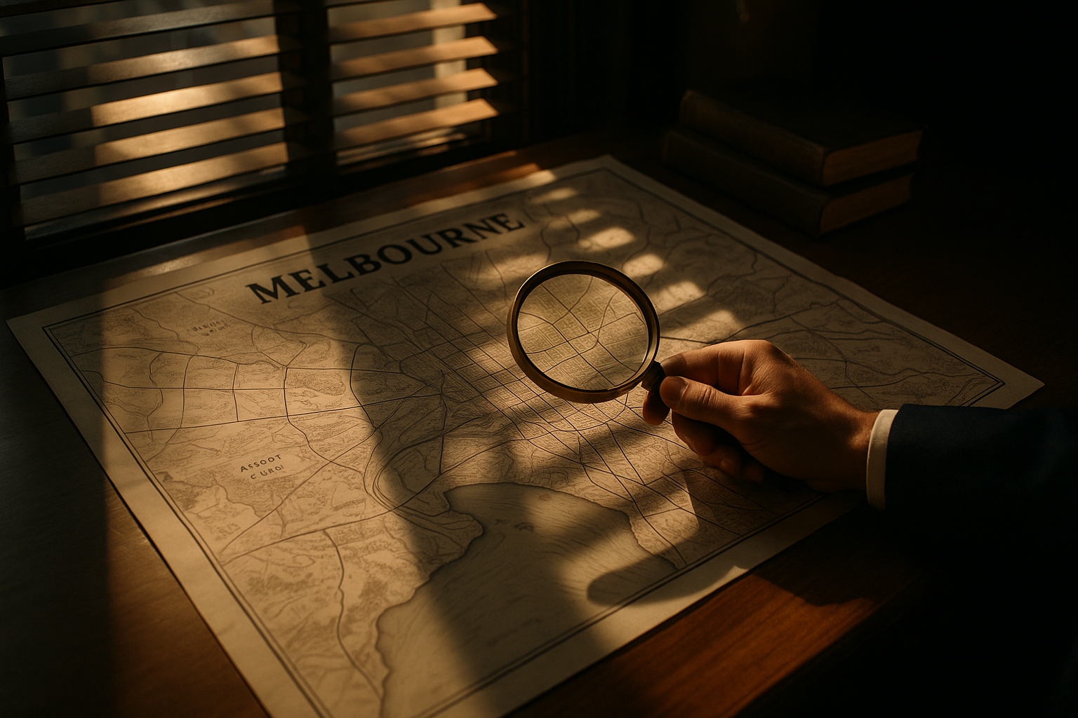 A hand holds an antique brass magnifying glass over a paper map of Melbourne on a wooden desk with light and shadows across the map.