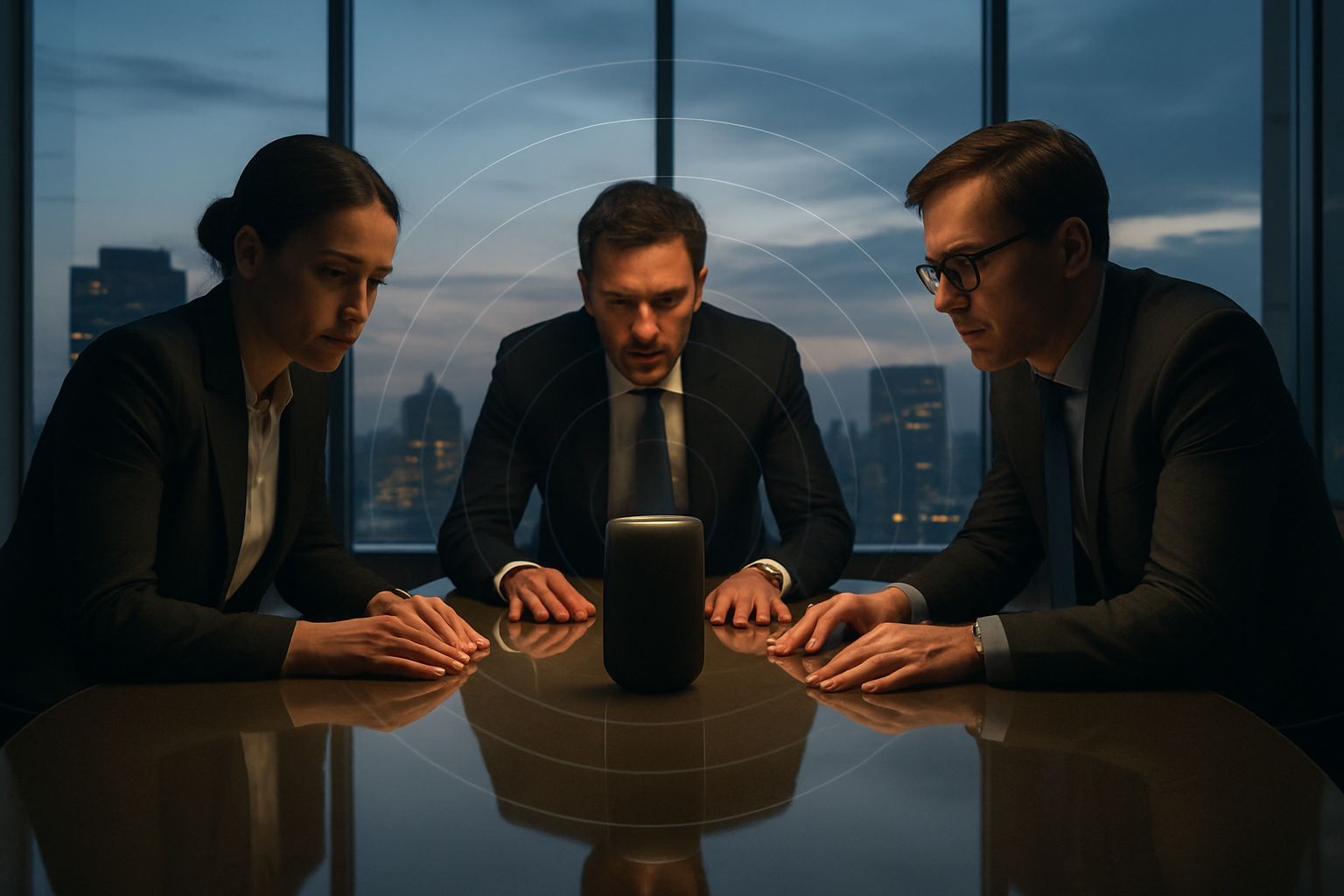 Three business executives lean over a polished table in a glass-walled boardroom at dusk as a sleek smart speaker emits faint translucent sound waves against a city skyline.