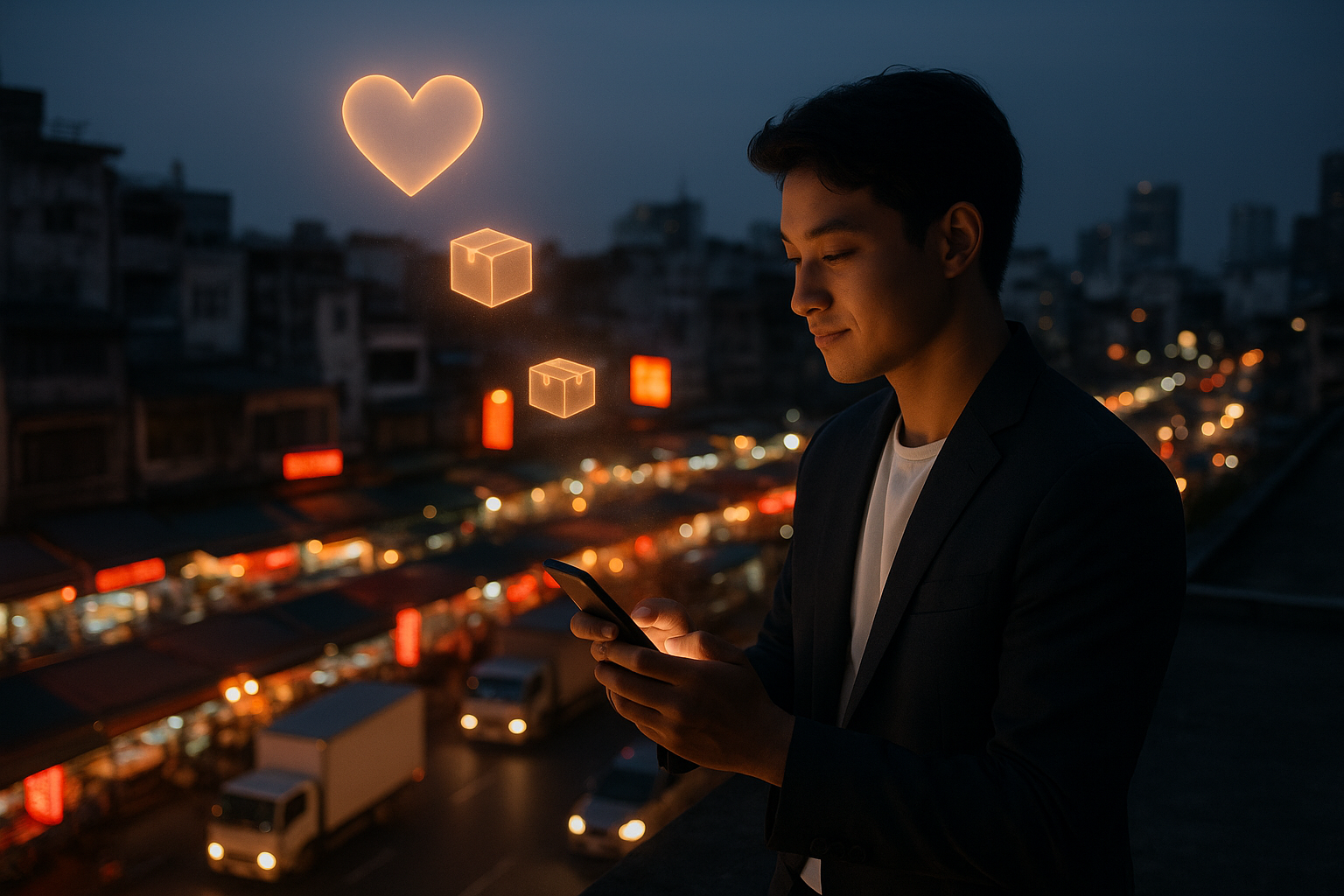 A person stands on a rooftop at dusk holding a smartphone, overlooking a city market with neon-lit stalls and delivery trucks, while translucent heart and parcel icons float upward from the phone.