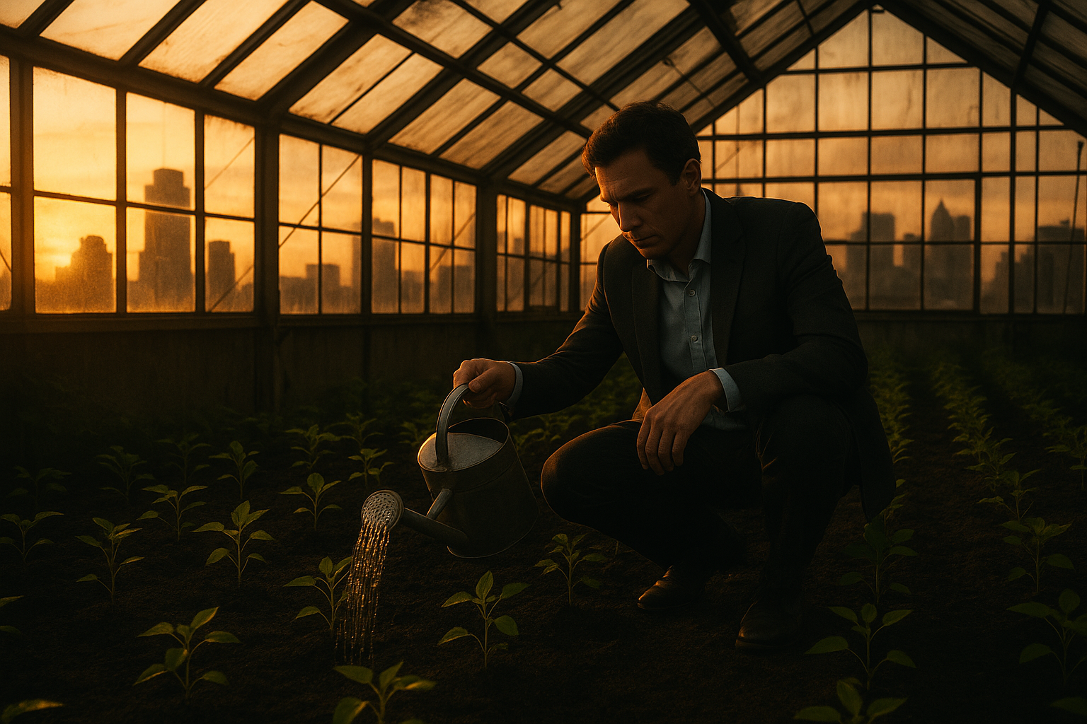 A business professional waters rows of young saplings in a rooftop greenhouse at dusk, with a city skyline visible through glass panels.
