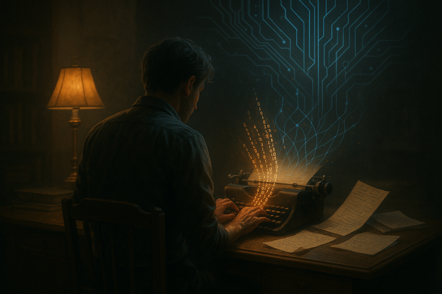A writer sits alone at a wooden desk in a dim study as handwritten pages lift and turn into glowing streams of digital code.