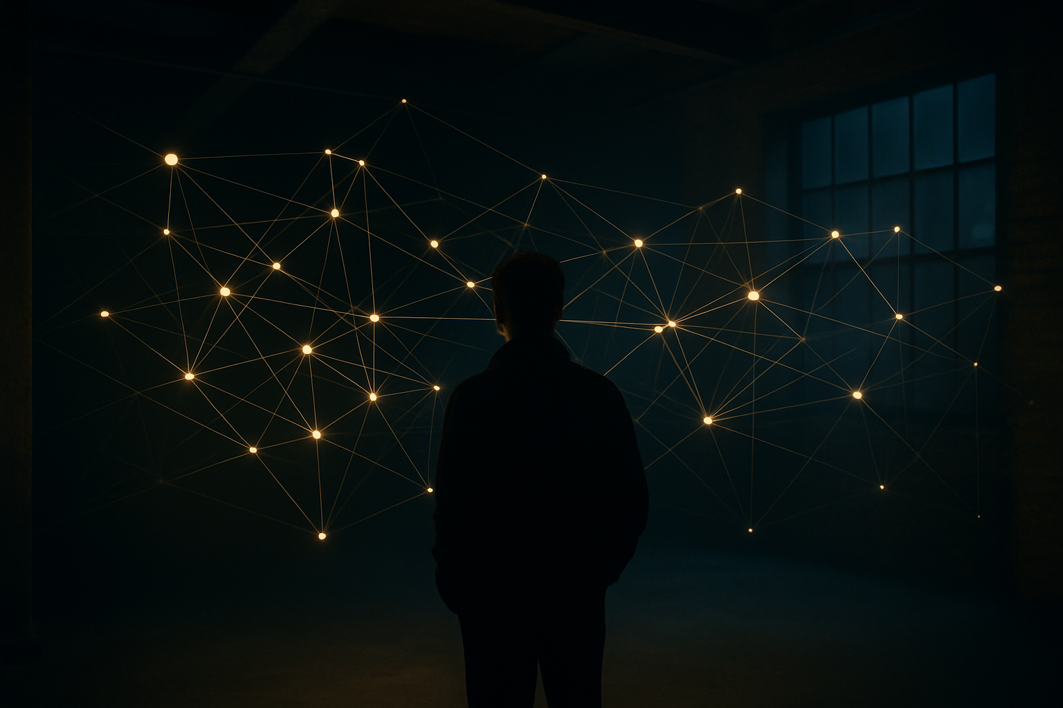 A lone figure in a dimly lit studio observes a three-dimensional network of glowing nodes and slender lines suspended in midair.