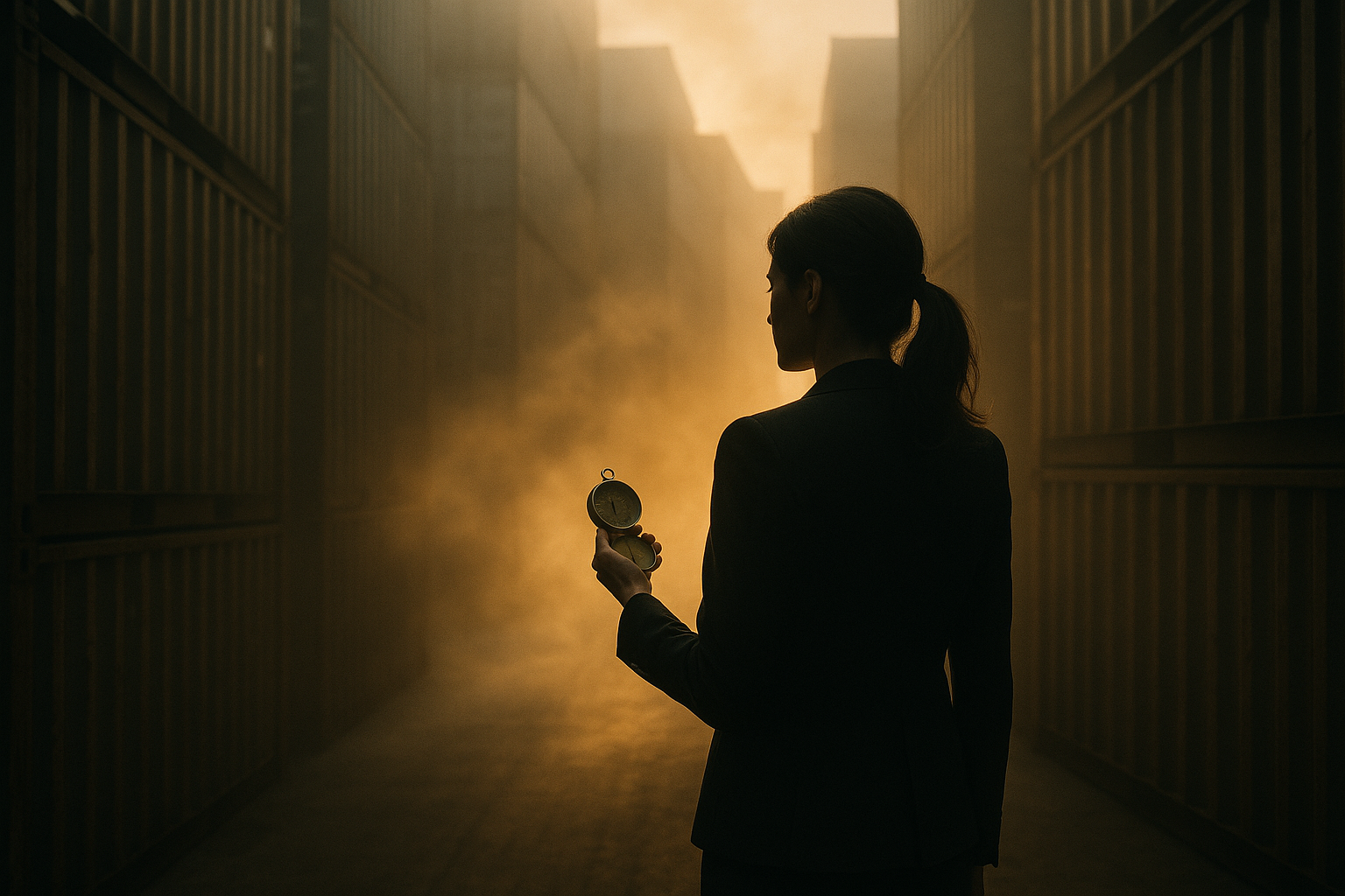 A businesswoman stands on a foggy shipping dock at dawn, holding a compass while containers tower around her like a maze in soft golden light.
