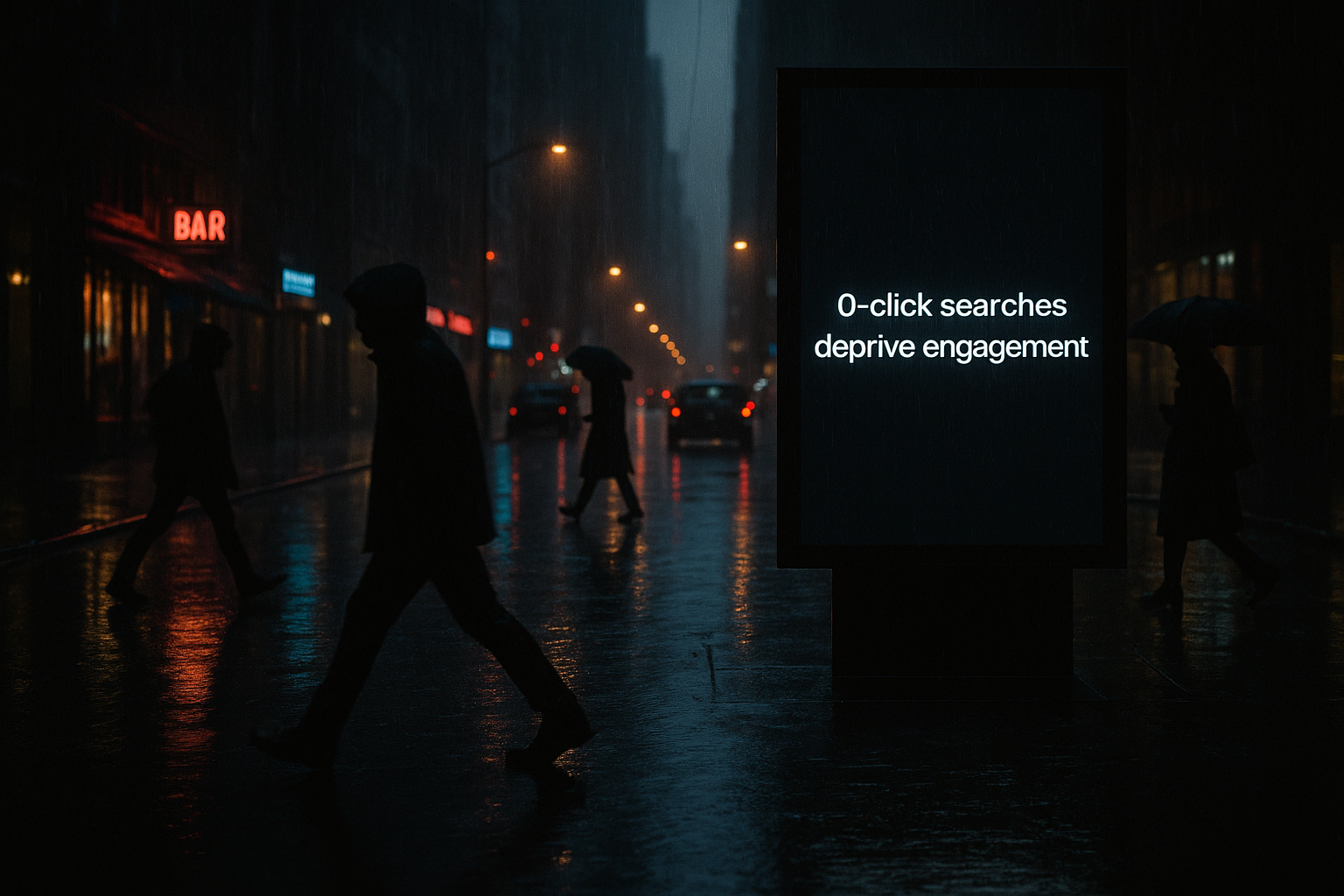 A rainy nighttime urban street with neon reflections shows a bright digital billboard displaying a single line of text while silhouetted pedestrians walk by without noticing it.