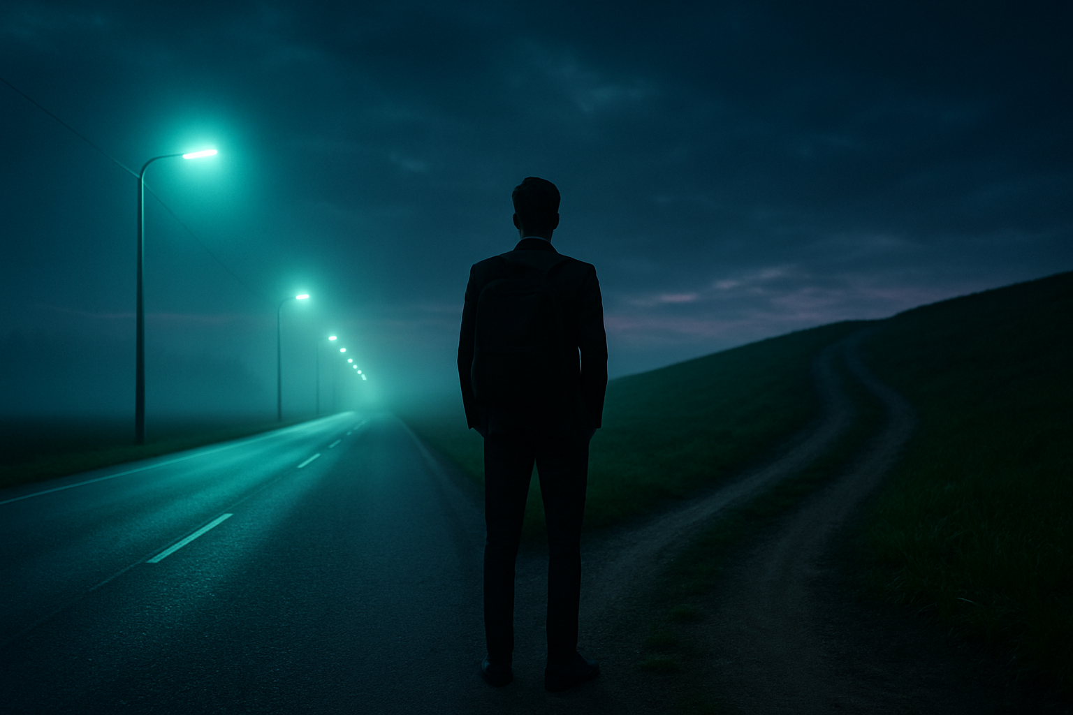 A lone person stands at a crossroads at dusk, with a neon-lit highway on one side and a winding plant-lined gravel path on the other.