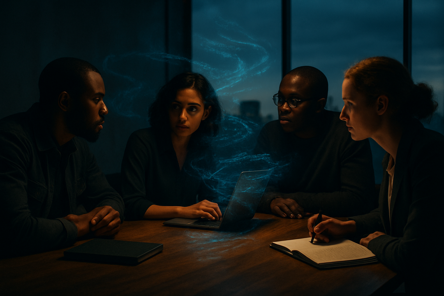 A diverse creative team sits at a table under semi-transparent digital code projections in a minimalist office at dusk.