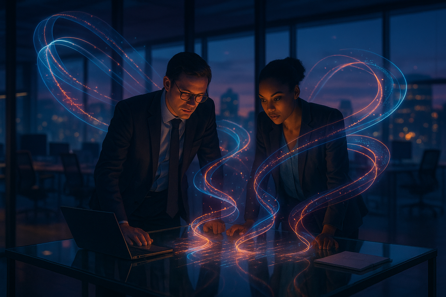 Two consultants in a dimly lit office at dusk lean over a glass table as glowing ribbons of code swirl around them with a city skyline visible through floor-to-ceiling windows.