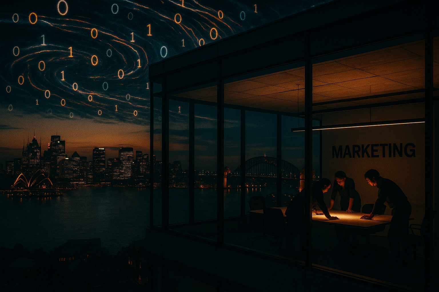 Silhouetted marketing professionals lean over a glowing table as neon streams of binary code swirl above Sydney’s skyline at dusk.