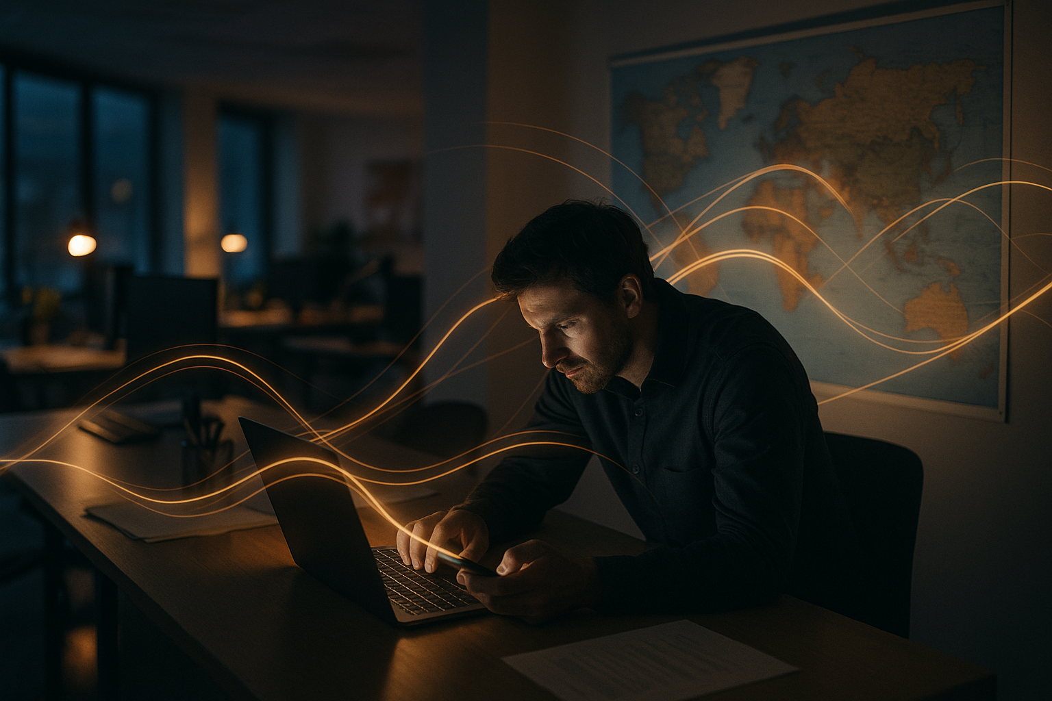 A marketer works in a dusk-lit office with light trails streaming from laptop and phone toward a wall map with silhouettes, illustrating digital communications connecting to customers.