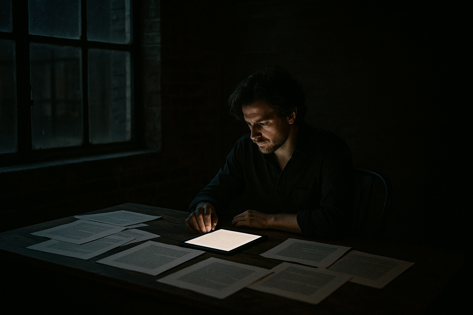 A writer sits at a wooden desk in a dimly lit loft, illuminated by a tablet’s glow amid scattered drafts. Half the room is in shadow and the other half is lit by screen light, symbolizing the tension between creativity and technology.