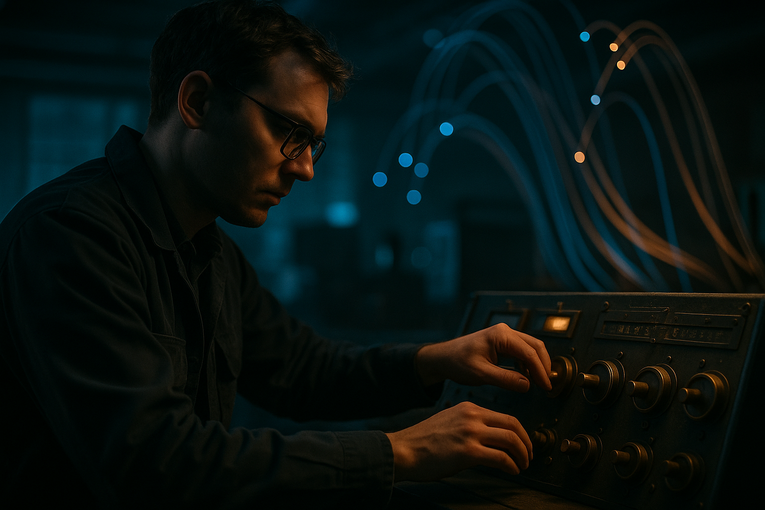 A lone engineer in a dark lab adjusts dials on a mechanical console while strands of glowing blue and amber light arc overhead.