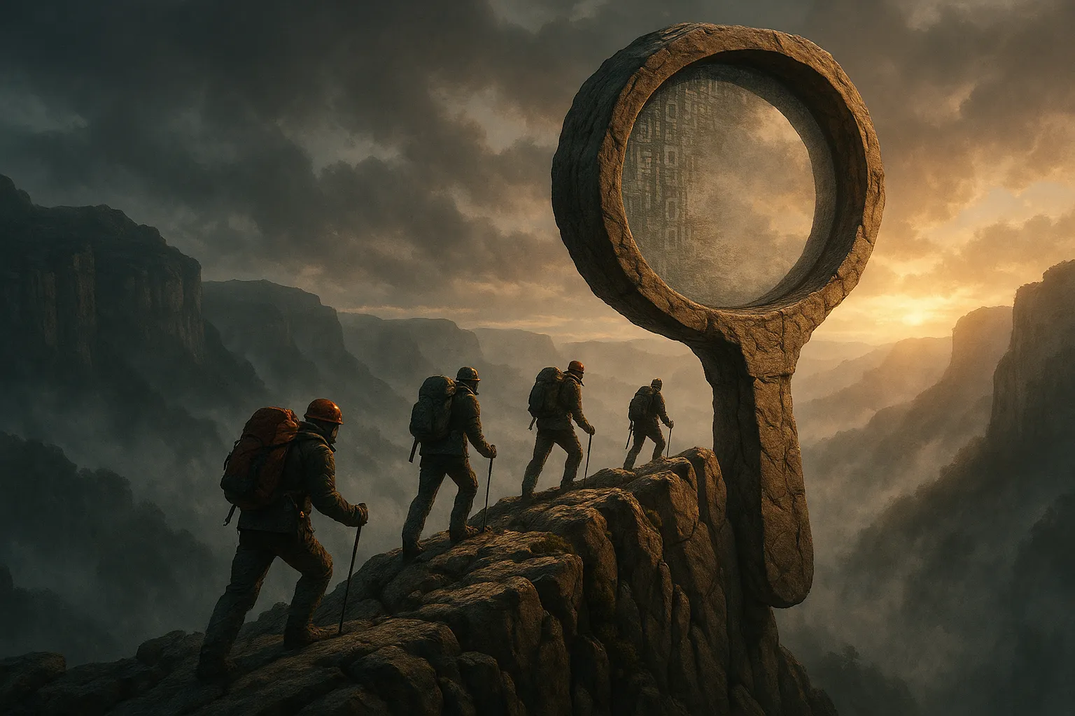 A group of climbers in outdoor gear approaches the summit of a magnifying-glass shaped sandstone peak at dawn, with mist and faint code patterns etched into the rocks.
