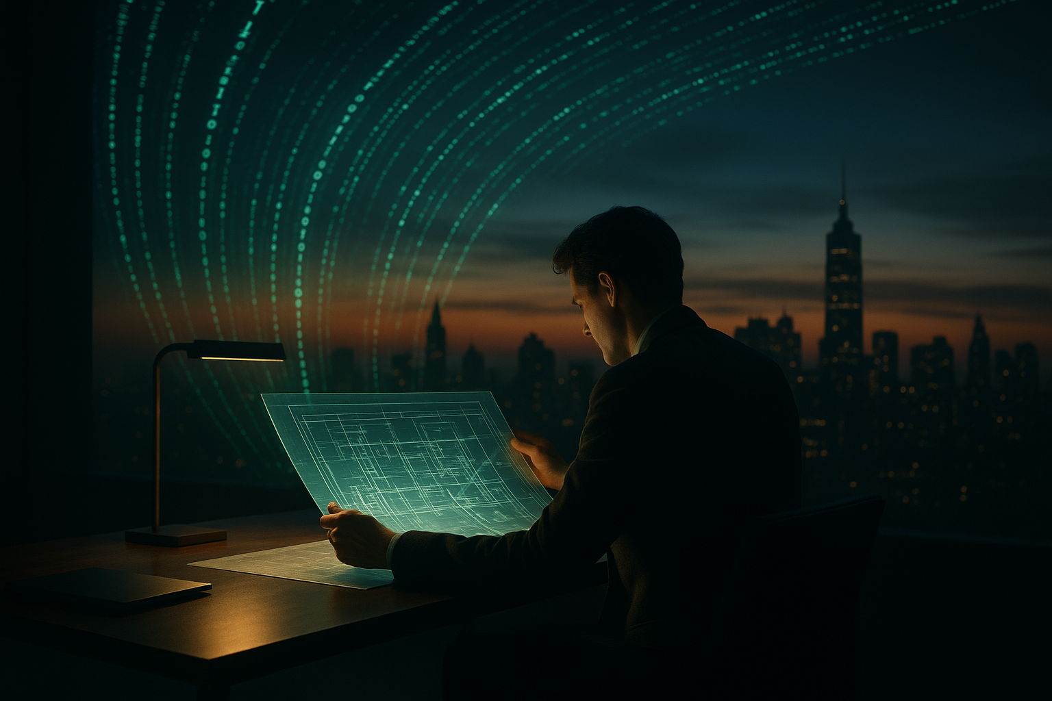 A person at a desk at dusk reviews a translucent blueprint overlaid with flowing lines of computer code that blend into a city skyline.