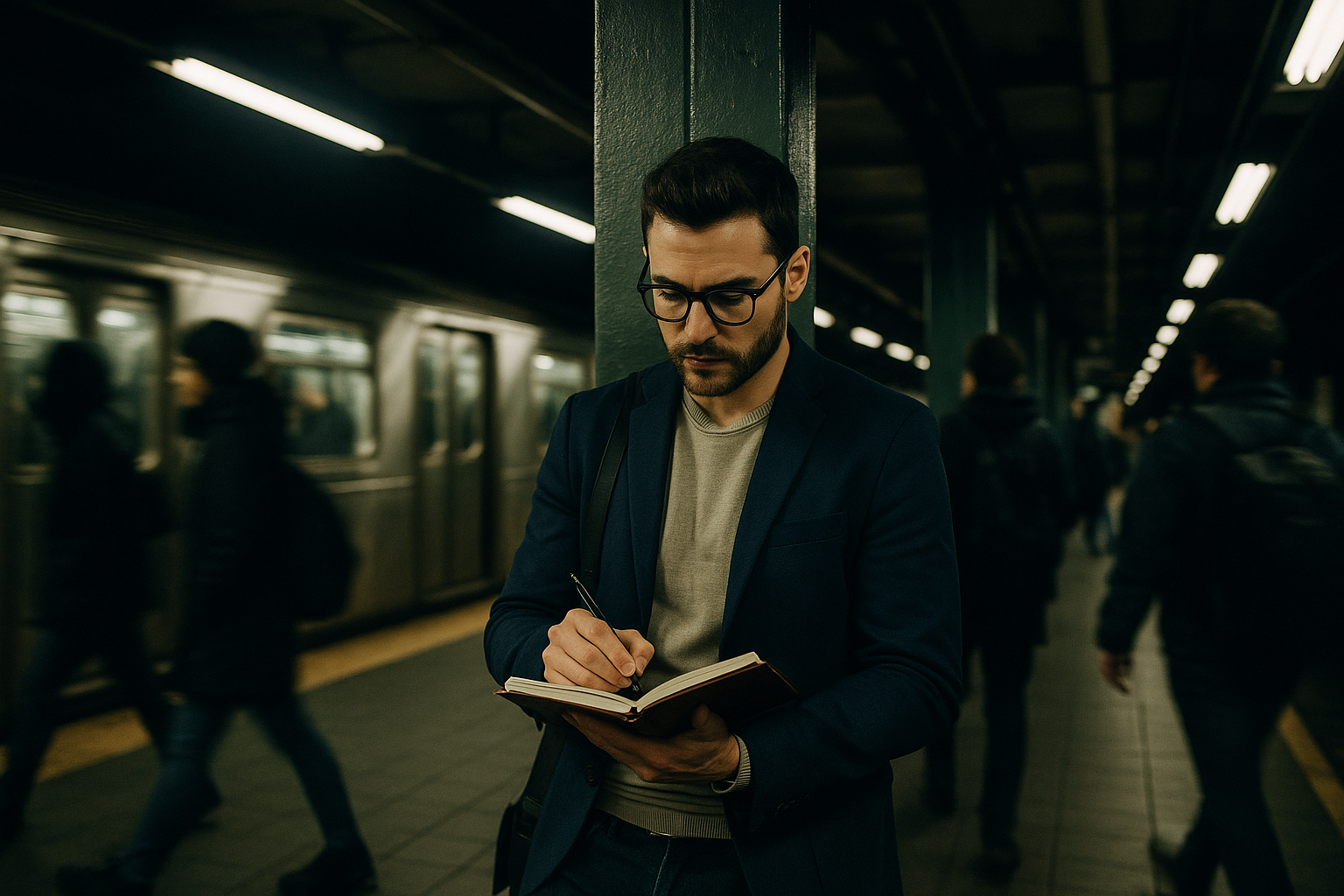 A marketing strategist writes notes in a notebook on a subway platform as commuters blur past in motion.