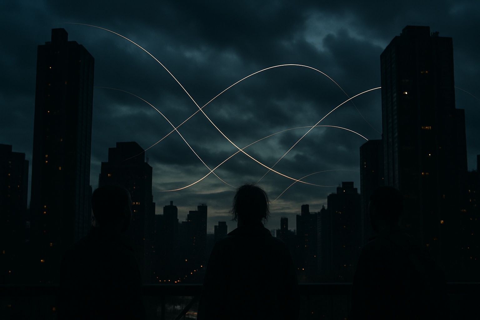 A city skyline at dusk with glowing light trails weaving between tall buildings and a few people below looking up.