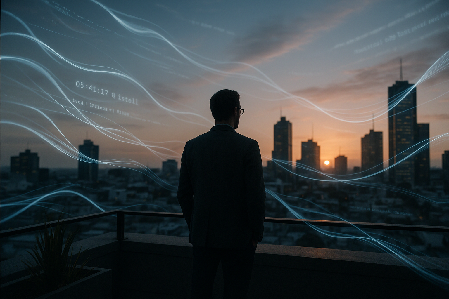A person stands on a rooftop terrace at dawn overlooking a city skyline, with glowing ribbons of data and faint lines of text swirling around them.