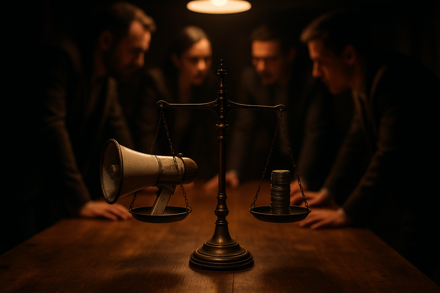 A dimly lit conference room with a wooden table features a brass scale balancing a megaphone and a stack of coins, with blurred figures debating in the background.