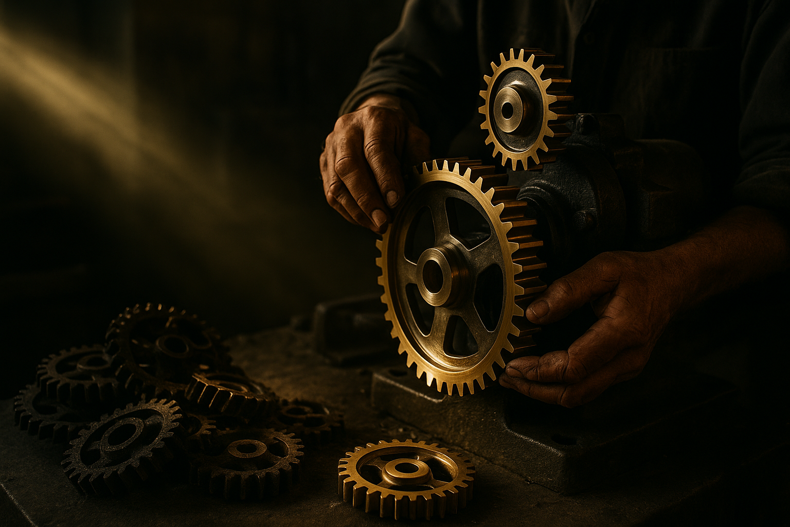 A craftsman’s hands adjust interlocking brass gears in a dimly lit workshop, with a pile of corroded cogs in the background under warm directional light.