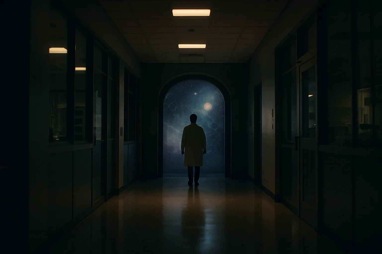 A lone scientist in silhouette stands in a dim research corridor looking toward an open doorway filled with soft light and hints of cosmic imagery.