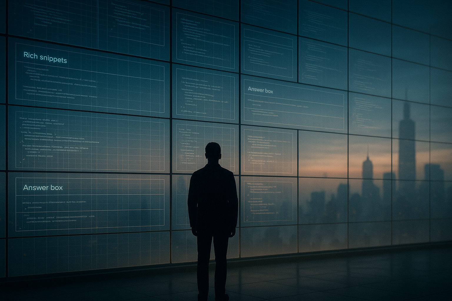 A silhouetted figure stands before a giant translucent wall covered in glowing blocks of code and grid lines, with a foggy city skyline visible beyond at dusk.