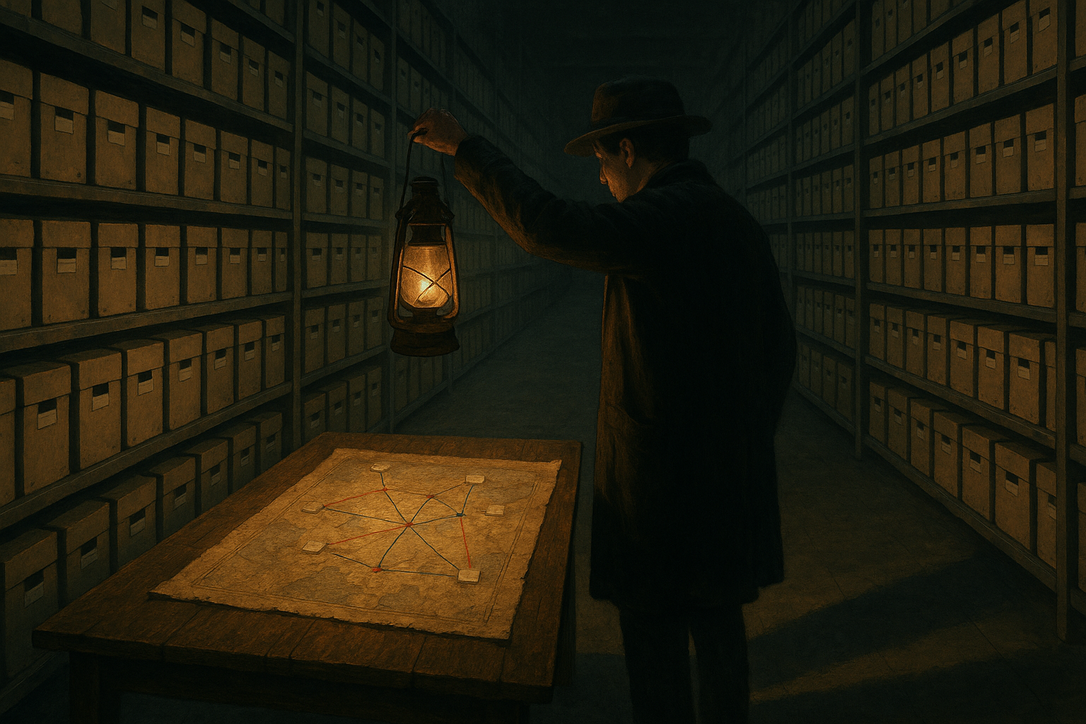 A lone researcher in a dim archive corridor studies a parchment content map illuminated by a lantern, with colored threads connecting selected cardboard boxes on shelves.