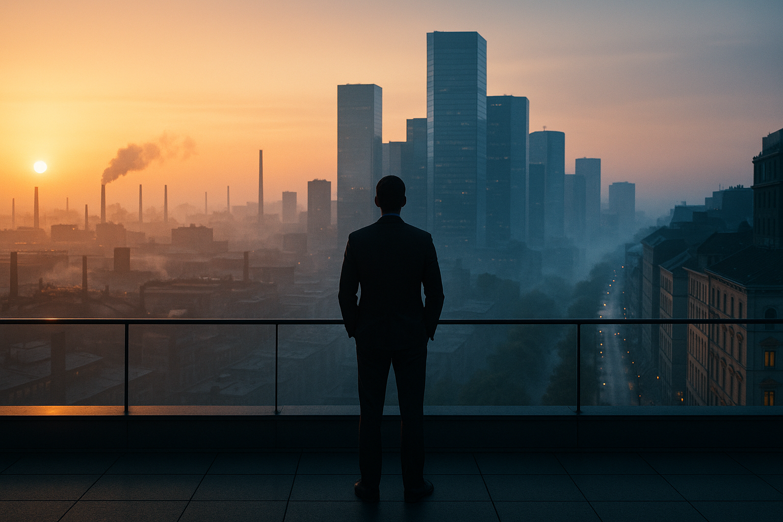 A silhouetted executive stands on a rooftop at sunrise, looking over an urban landscape divided by fog into industrial, office, and retail districts.