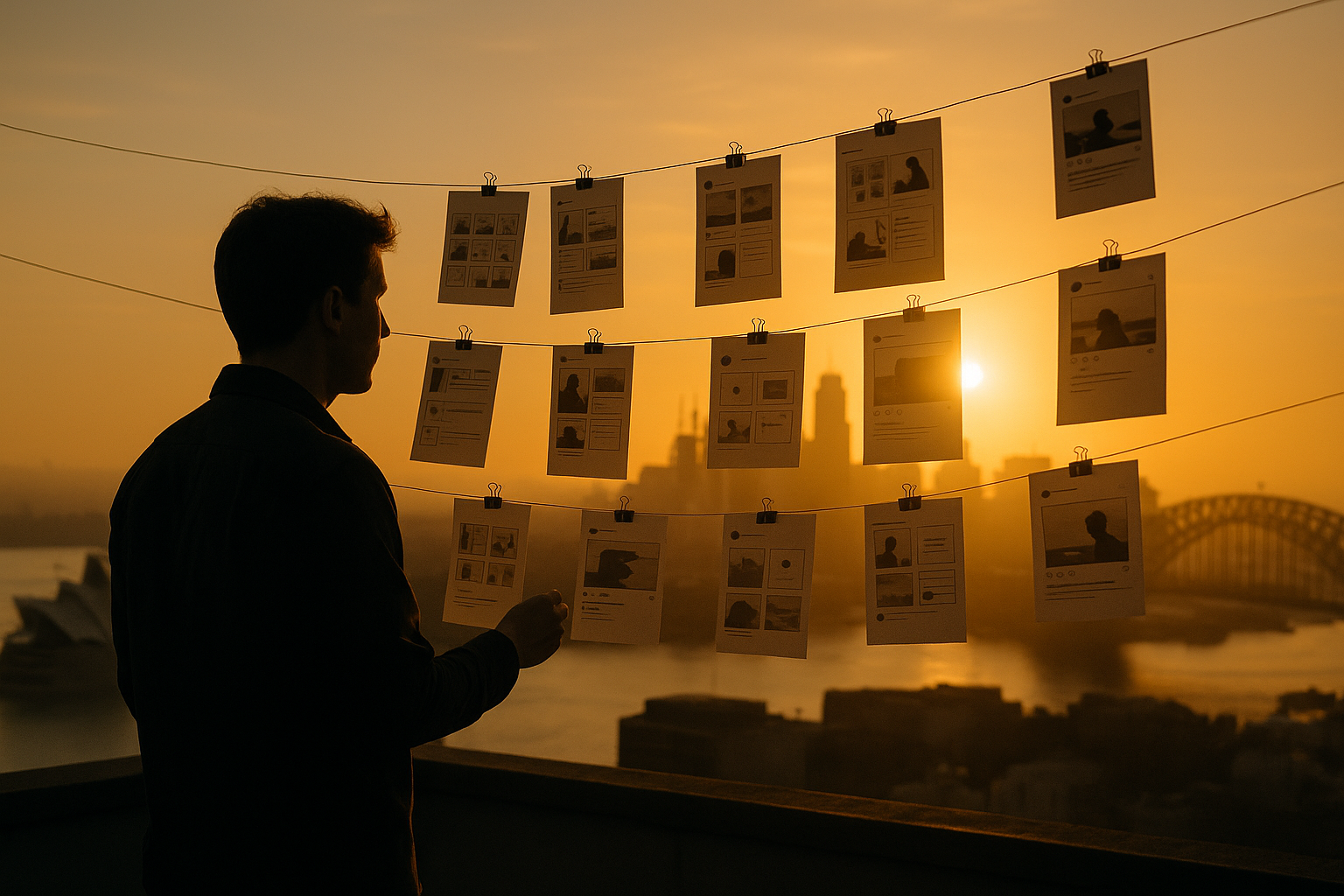A content strategist stands on a Sydney rooftop at dawn, examining printed storyboards clipped to fluttering lines with the Opera House and Harbour Bridge in the golden background.